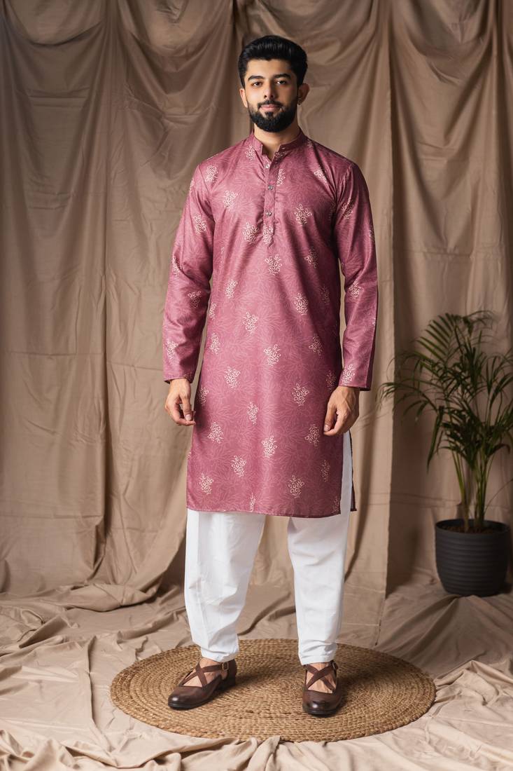 Mauve color blended linen designer printed stylish kurta payjama for mens'