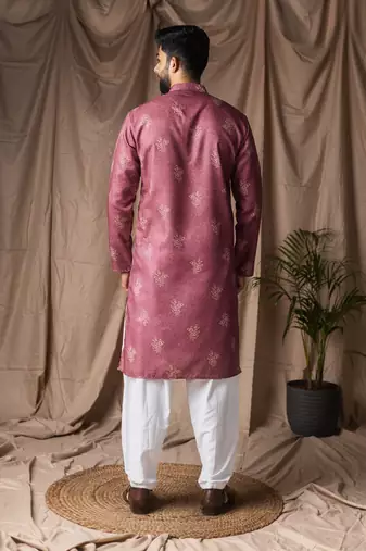 Mauve color blended linen printed stylish kurta payjama for mens'
