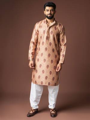 Orangish brown color blended linen printed stylish kurta payjama for mens' 1