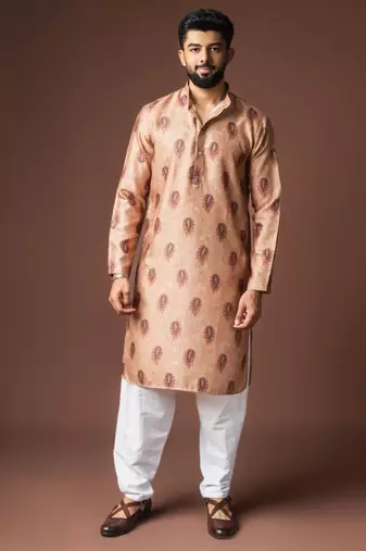 Orangish brown color blended linen designer printed stylish kurta payjama for mens'