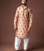Orangish brown color blended linen designer printed stylish kurta payjama for mens'