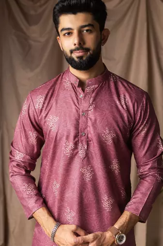 Mauve color blended linen printed stylish kurta payjama for mens'