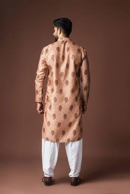 Orangish brown color blended linen printed stylish kurta payjama for mens' 2