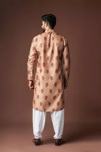 Orangish brown color blended linen printed stylish kurta payjama for mens'