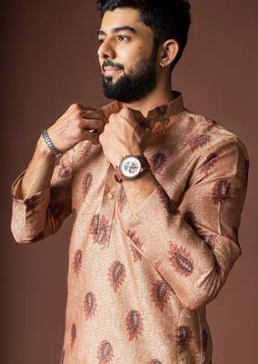 Orangish brown color blended linen printed stylish kurta payjama for mens' 3