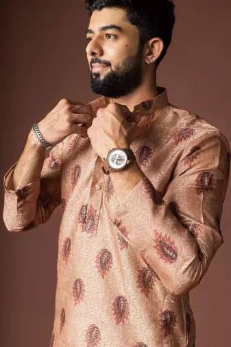 Orangish brown color blended linen printed stylish kurta payjama for mens'