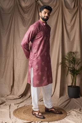 Mauve color blended linen printed stylish kurta payjama for mens' 4