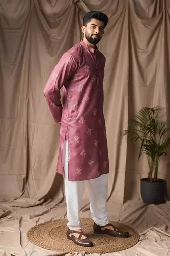 Mauve color blended linen printed stylish kurta payjama for mens'