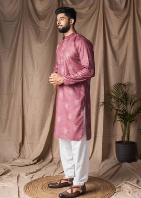 Mauve color blended linen printed stylish kurta payjama for mens' 5