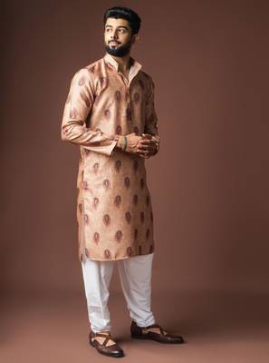 Orangish brown color blended linen printed stylish kurta payjama for mens' 4