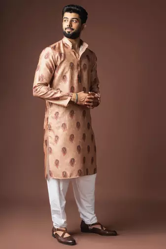 Orangish brown color blended linen printed stylish kurta payjama for mens'