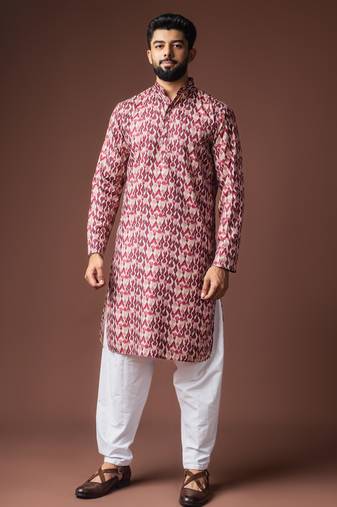 Dusty rose color blended linen designer printed stylish kurta payjama for mens'