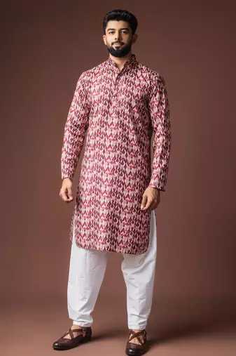 Dusty rose color blended linen designer printed stylish kurta payjama for mens'