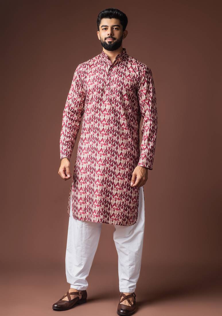 Dusty rose color blended linen designer printed stylish kurta payjama for mens'