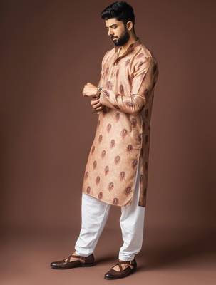 Orangish brown color blended linen printed stylish kurta payjama for mens' 5