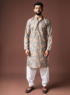 Grey color blended linen printed stylish kurta payjama for mens' 1