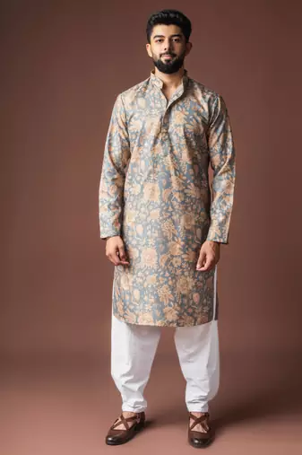Grey color blended linen designer printed stylish kurta payjama for mens'