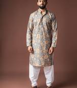 Grey color blended linen printed stylish kurta payjama for mens'