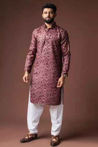 Wine color blended linen designer printed stylish kurta payjama for mens'