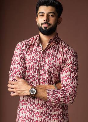 Dusty rose color blended linen printed stylish kurta payjama for mens' 3