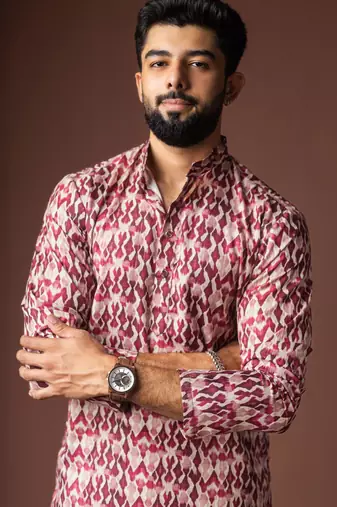 Dusty rose color blended linen printed stylish kurta payjama for mens'