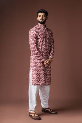 Dusty rose color blended linen printed stylish kurta payjama for mens' 4