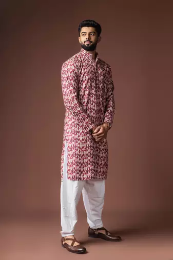 Dusty rose color blended linen printed stylish kurta payjama for mens'