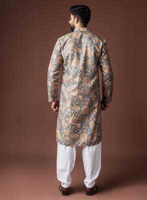 Grey color blended linen printed stylish kurta payjama for mens' 2