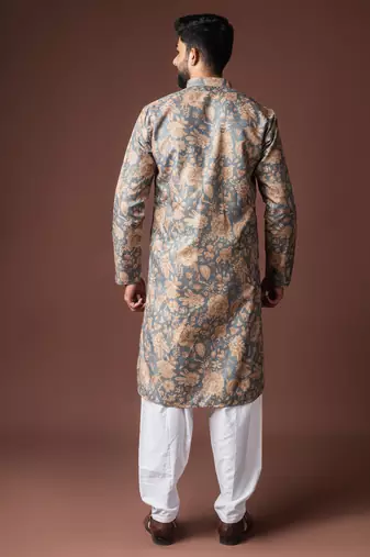 Grey color blended linen printed stylish kurta payjama for mens'