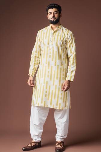 Mustard color blended linen fabric designer printed festive wear men's kurta payjama