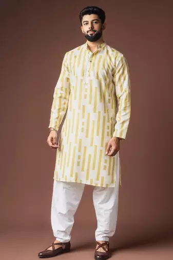 Mustard color blended linen fabric designer printed festive wear men's kurta payjama