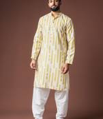Mustard color blended linen fabric designer printed festive wear men's kurta payjama