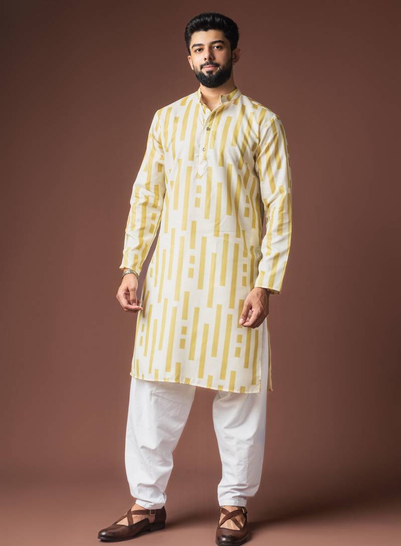 Mustard color blended linen fabric designer printed festive wear men's kurta payjama