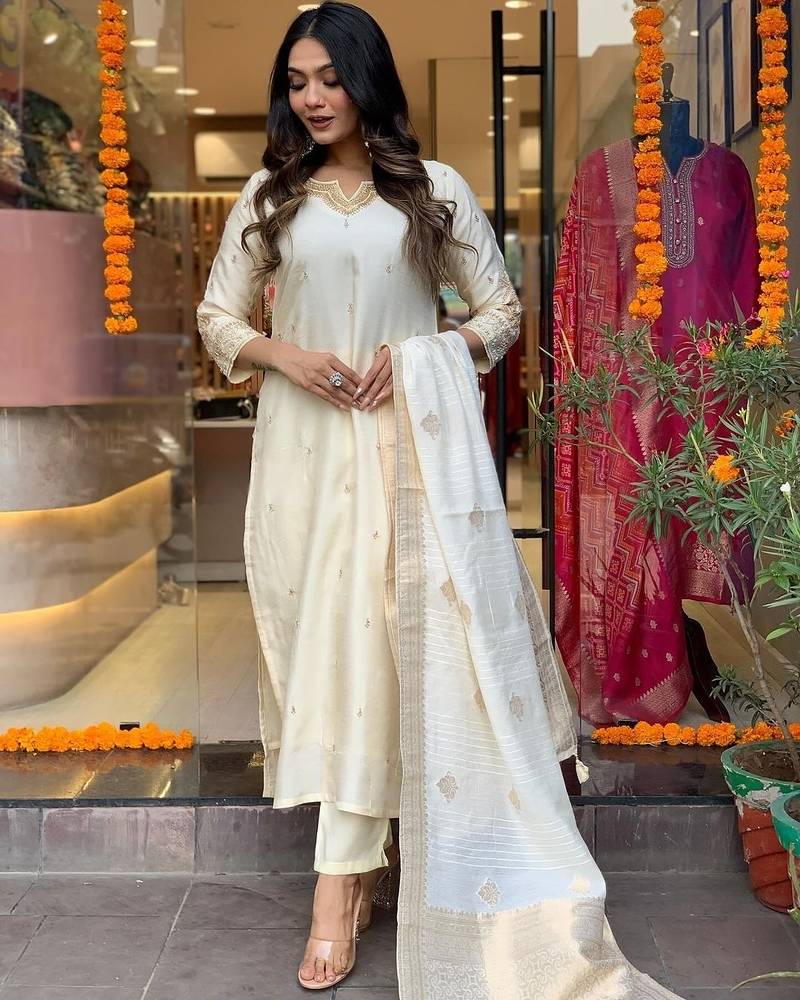 Beautiful Embroidery Viscose Chanderi Fabric Straight Kurta Pant with Dupatta Set