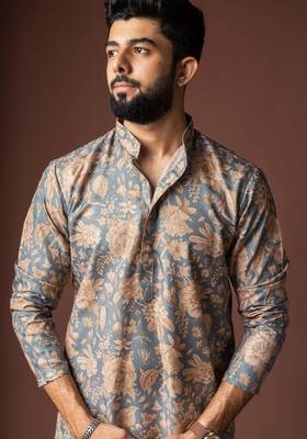Grey color blended linen printed stylish kurta payjama for mens' 3