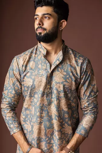Grey color blended linen printed stylish kurta payjama for mens'