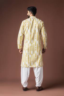 Mustard color blended linen fabric printed festive wear men's kurta payjama 2