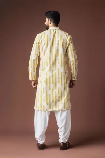 Mustard color blended linen fabric printed festive wear men's kurta payjama