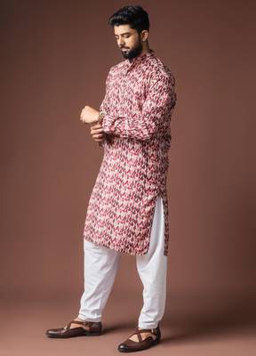 Dusty rose color blended linen printed stylish kurta payjama for mens' 5