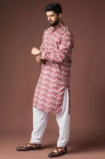 Dusty rose color blended linen printed stylish kurta payjama for mens'