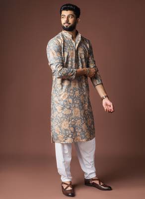 Grey color blended linen printed stylish kurta payjama for mens' 4