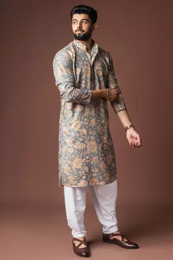 Grey color blended linen printed stylish kurta payjama for mens'