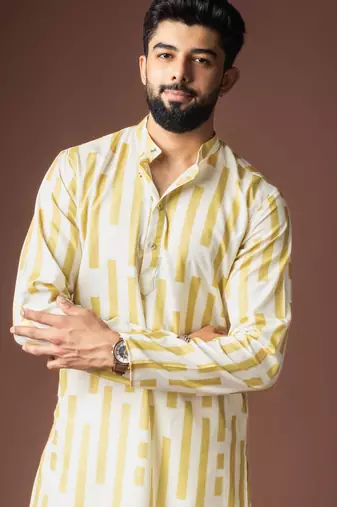 Mustard color blended linen fabric printed festive wear men's kurta payjama
