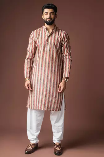 Multicolor blended linen designer printed stylish kurta payjama for mens'