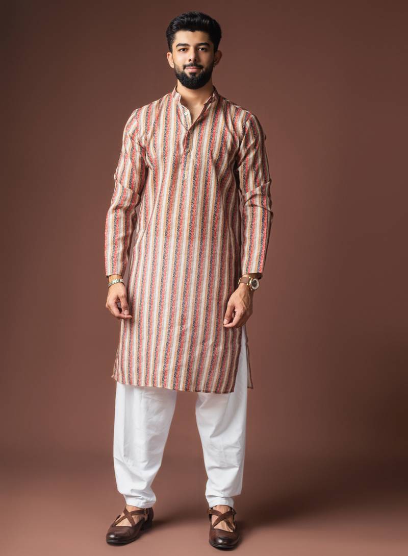 Multicolor blended linen designer printed stylish kurta payjama for mens'