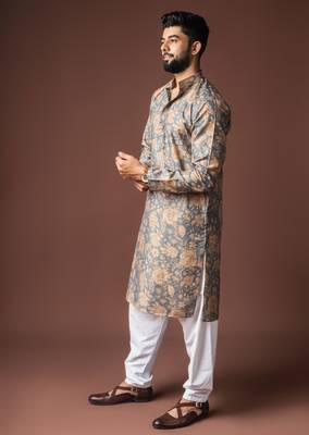 Grey color blended linen printed stylish kurta payjama for mens' 5