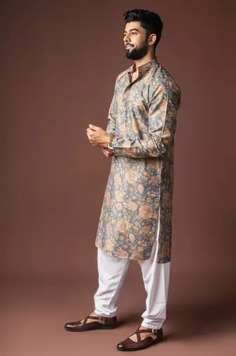 Grey color blended linen printed stylish kurta payjama for mens'
