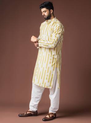 Mustard color blended linen fabric printed festive wear men's kurta payjama 4