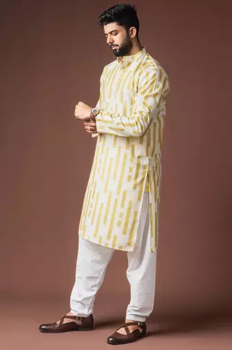 Mustard color blended linen fabric printed festive wear men's kurta payjama