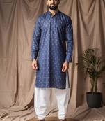 Blue color blended linen designer printed stylish kurta payjama for mens'